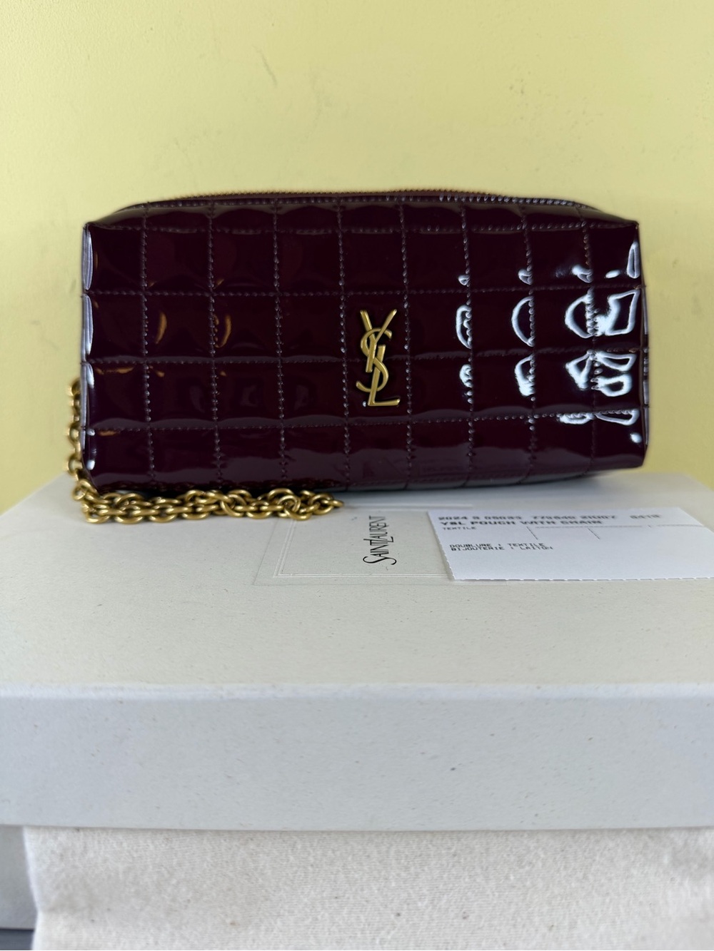 Saint Laurent Quilted Patent Leather Wrist Pouch in Deep Burgundy, New